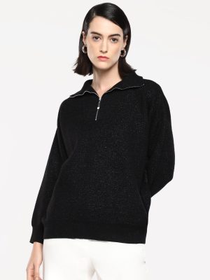 Tiara Black Full sleeves Relaxed Fit Zipper Closure Plain Sweater