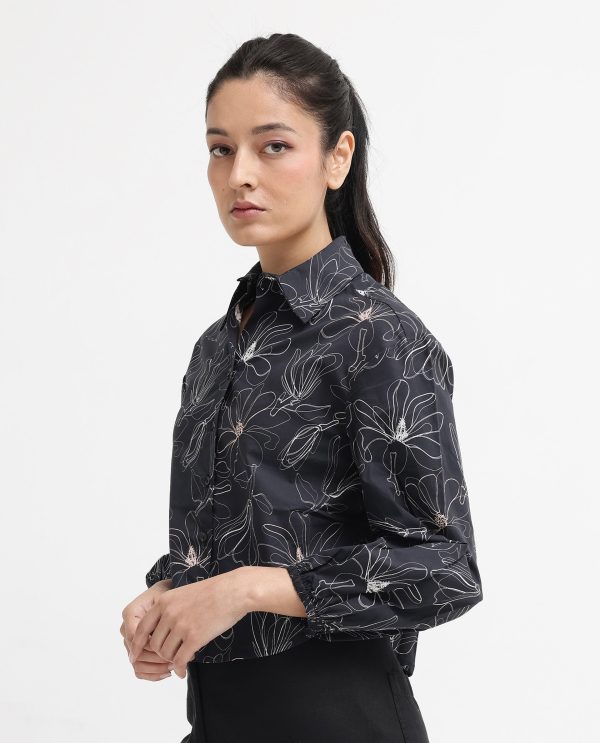 Bishop Sleeves Floral Print Relaxed Fit Cropped Shirt