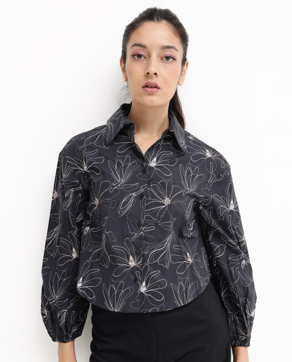 Bishop Sleeves Floral Print Relaxed Fit Cropped Shirt