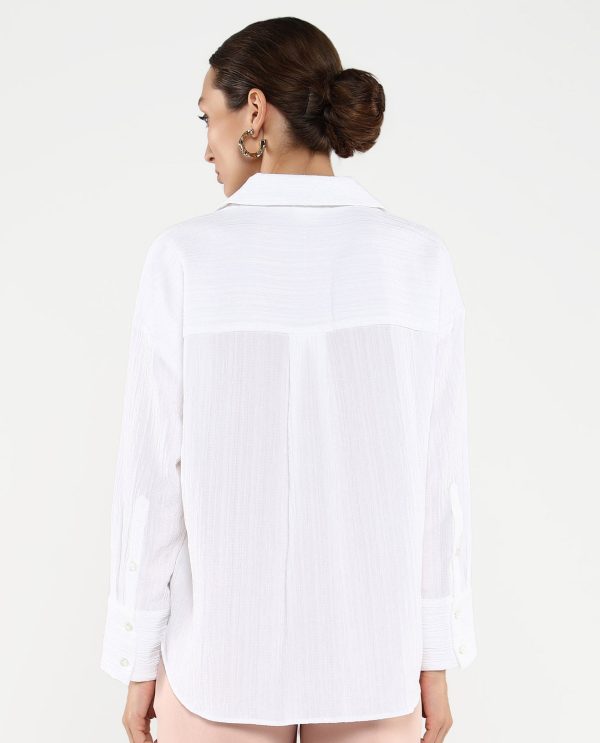 White Cuffed Sleeves Collared Neck Plain Shirt