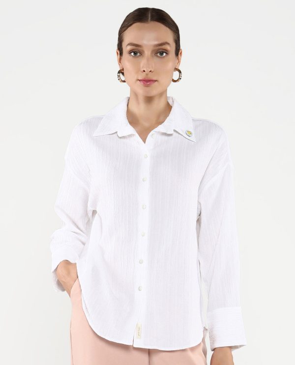 White Cuffed Sleeves Collared Neck Plain Shirt