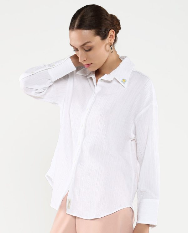 White Cuffed Sleeves Collared Neck Plain Shirt