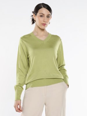 Treva Flouroscent Green Acrylic Nylon Fabric Relaxed Fit Plain Sweater