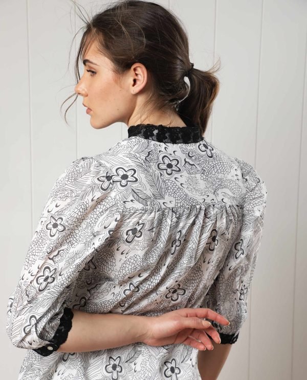 White Puff Sleeve Regular Fit Floral Print Top