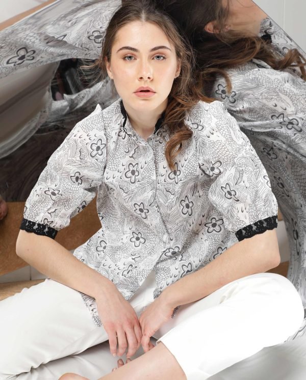 White Puff Sleeve Regular Fit Floral Print Top
