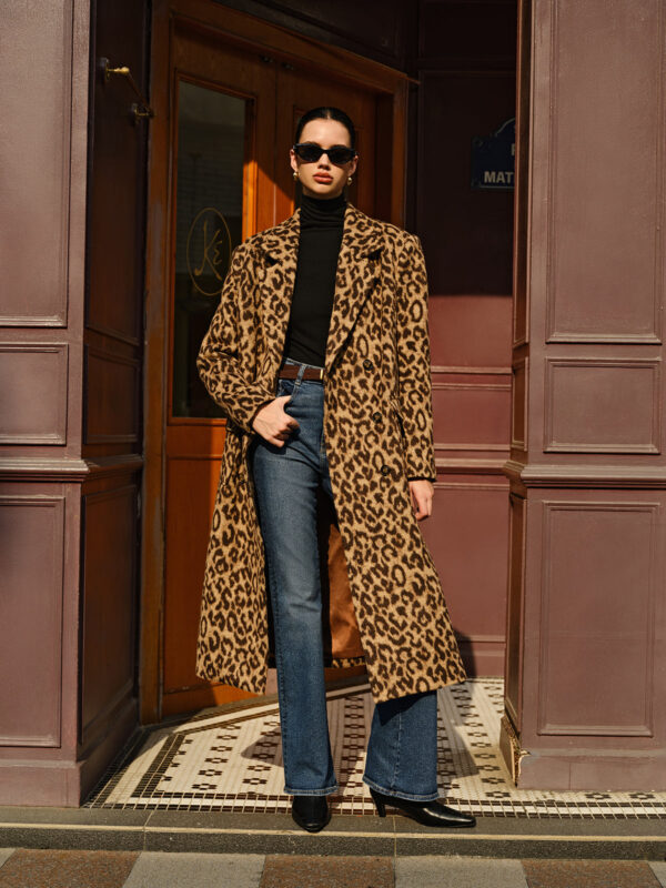 Leopard Pockets Long Wool Coat